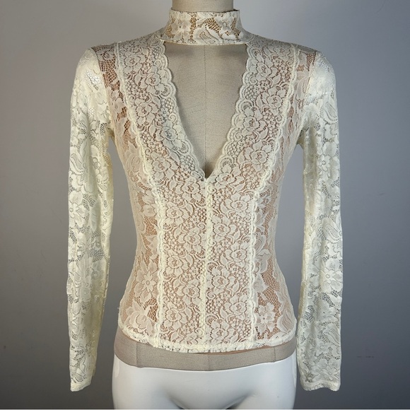 Bebe Cream Lace Long Sleeve Y2K Blouse XS - Picture 1 of 10